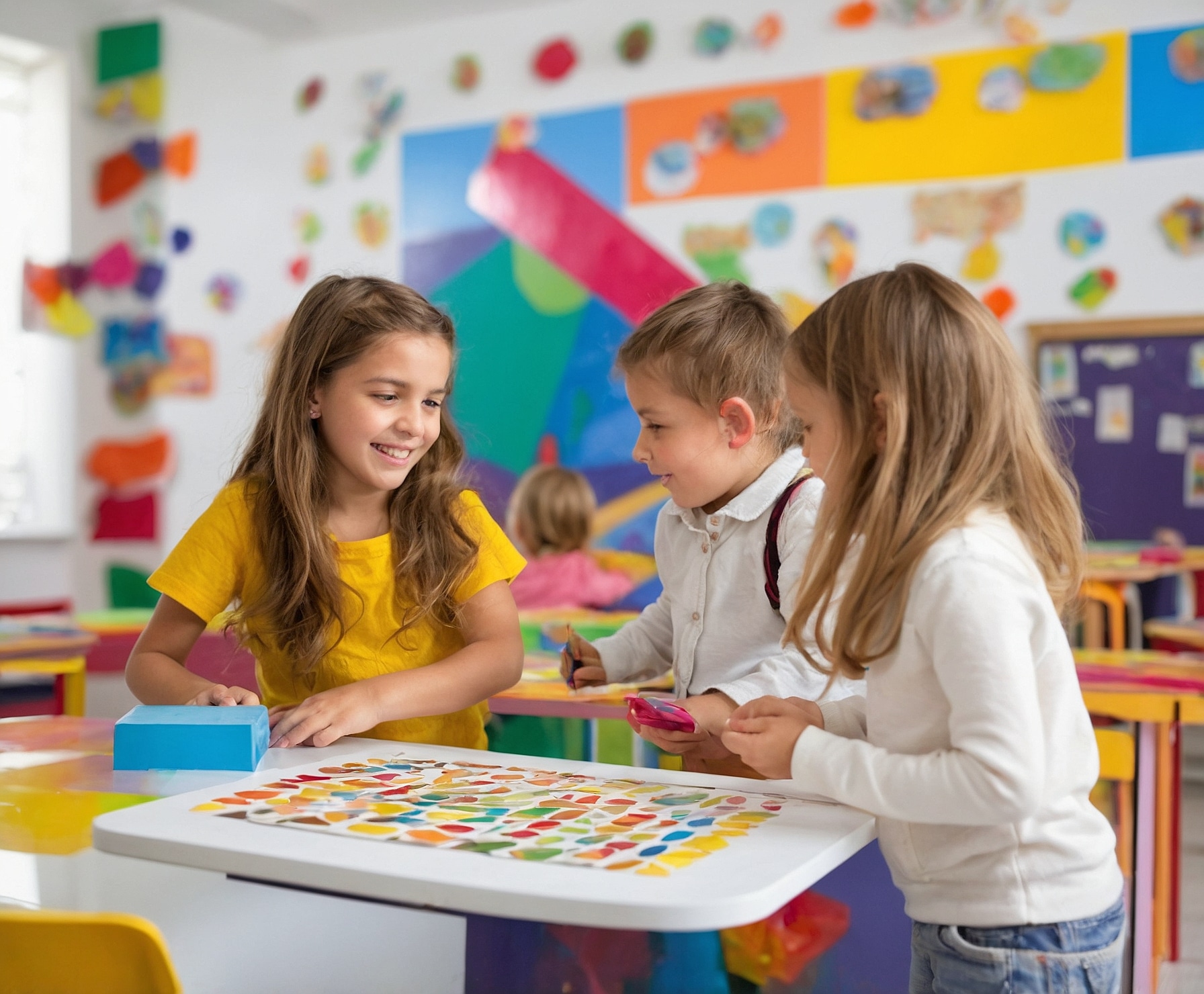 Niños aprendiendo inglés jugando en clase interactiva