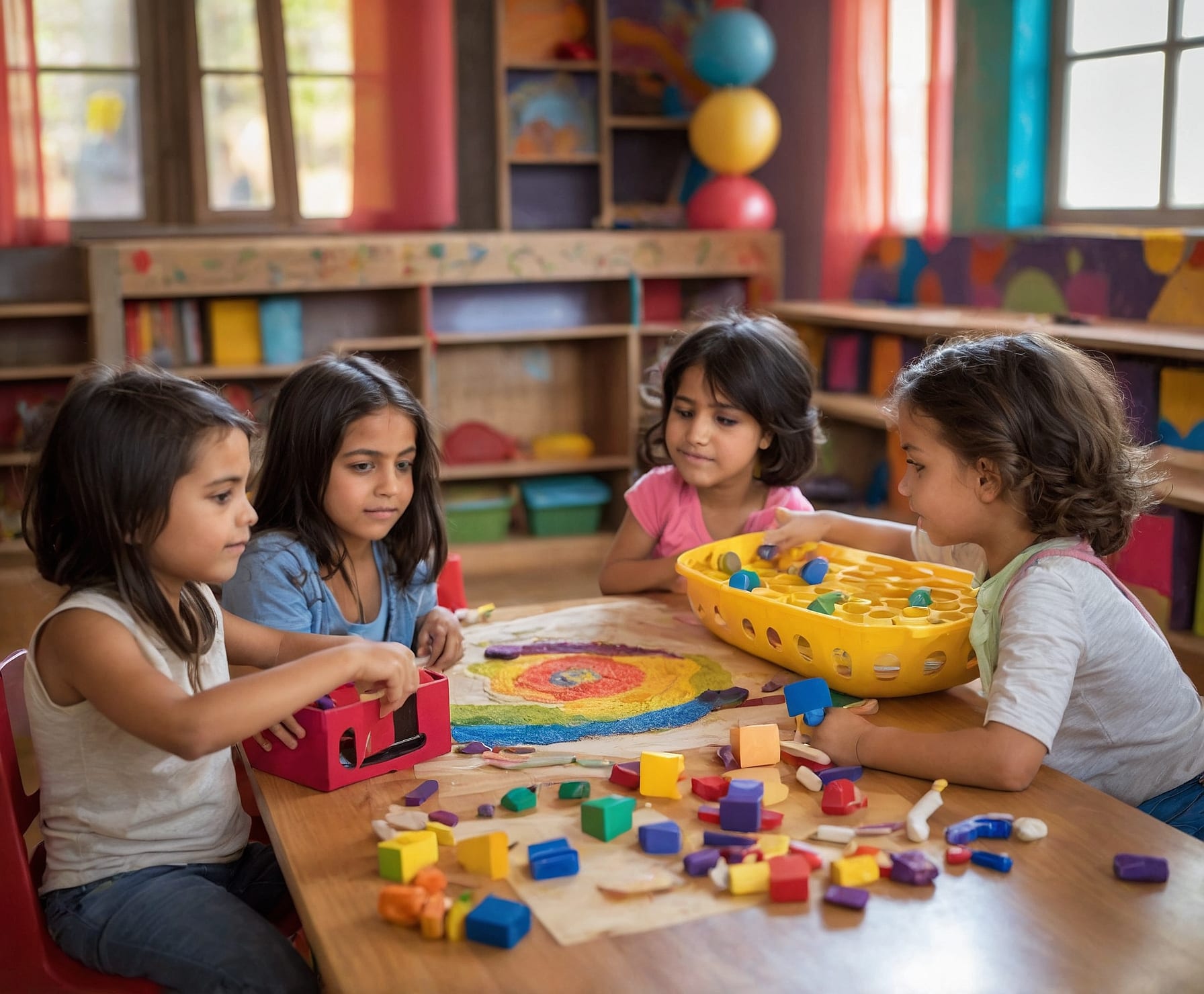 Niños aprendiendo inglés jugando en mesa y con juegos